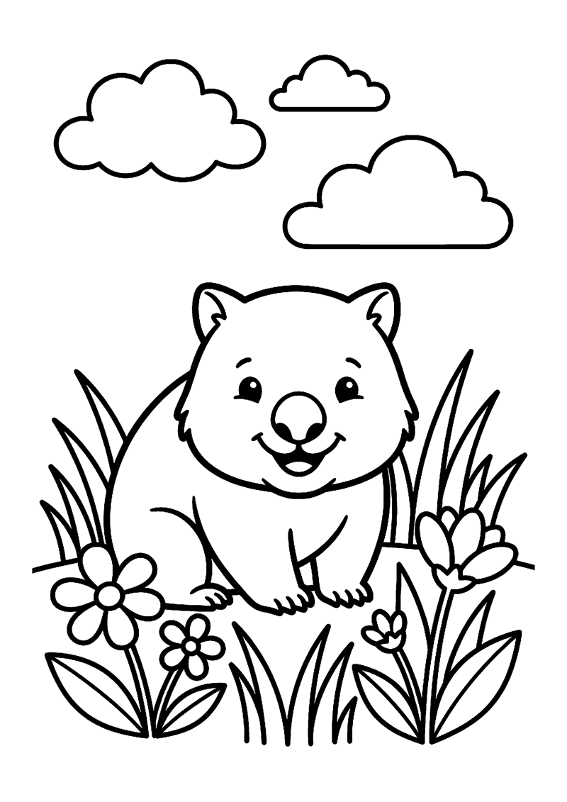 Kleurplaat met een schattige baby wombat in het gras met bloemen en wolken aan de hemel.