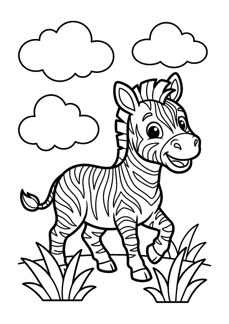 Kleurplaat met een schattige baby zebra met zwart-witte strepen in het gras met wolken.