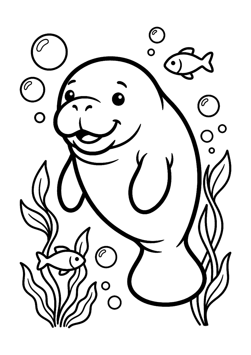 Kleurplaat met een schattige baby zeekoe onder water met bubbels, zeewier en visjes.