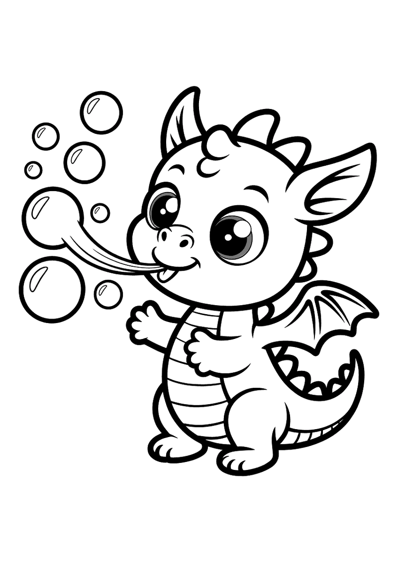 Kawaii kleurplaat van een kleine babydraak met vleugels die vrolijk zeepbellen blaast, met grote ronde ogen en een lache