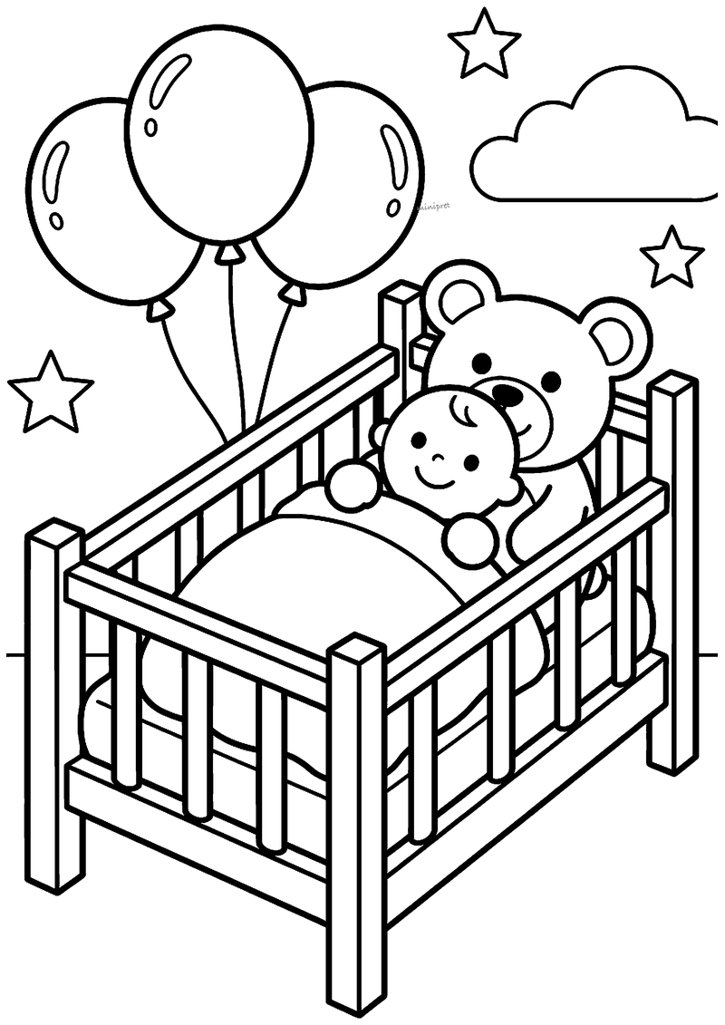 Kleurplaat van een baby in een houten wieg met een grote teddybeer, drie ballonnen, sterren en een wolk