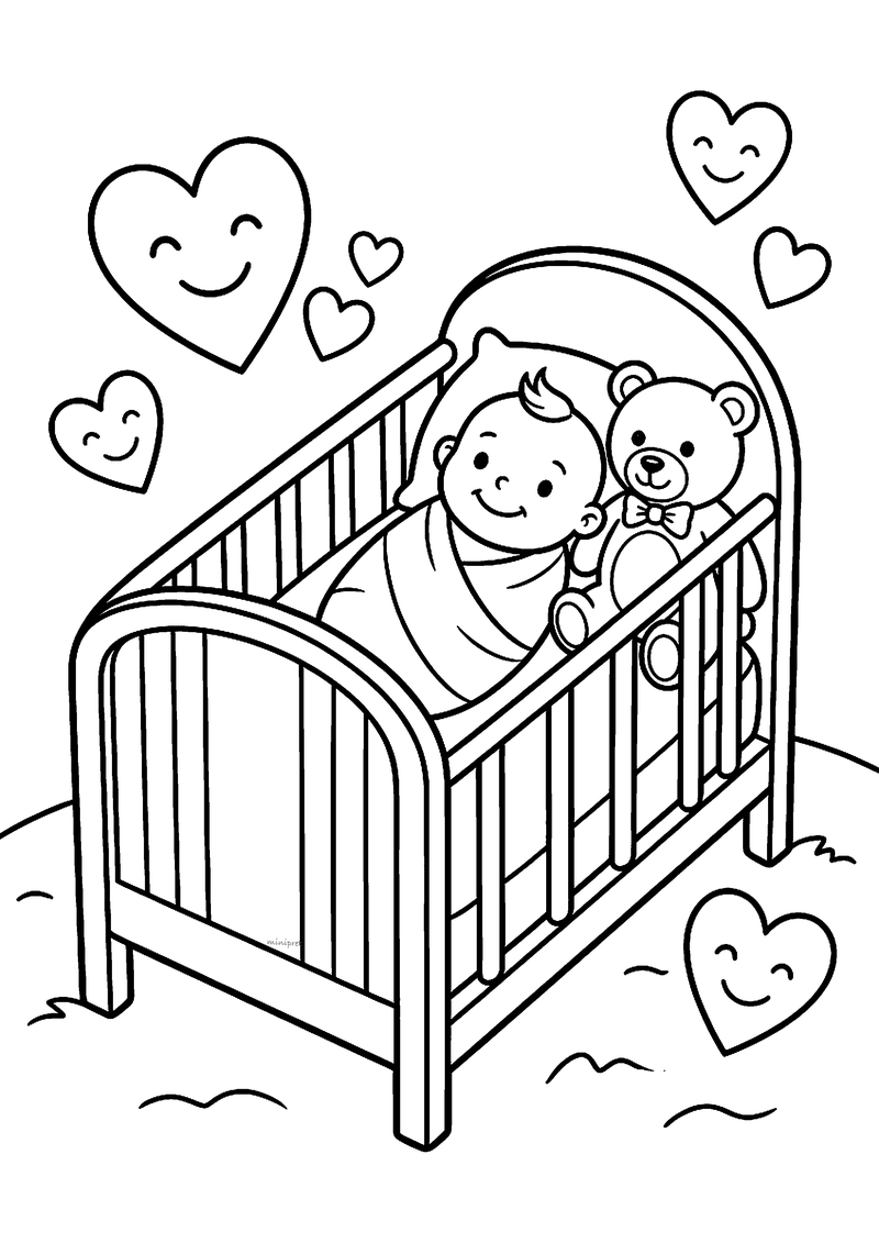 Babymeisje in de wieg kleurplaat