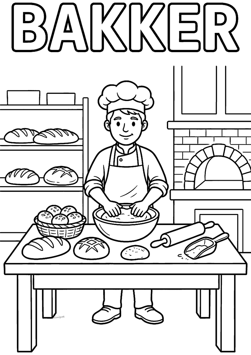 Kleurplaat van een bakker met koksmuts die deeg kneedt in een bakkerij met broden, stenen oven en deegroller