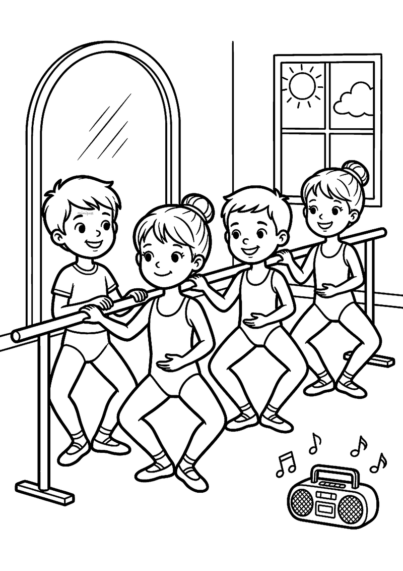 Kleurplaat van vier kinderen die aan de barre een plié oefenen in een balletzaal met spiegel, raam en radio