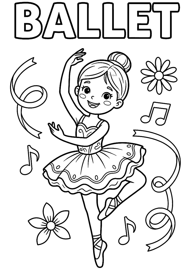 Kleurplaat van een balletmeisje in tutu dat op spitzen draait, met linten, muzieknoten en bloemen en BALLET erboven