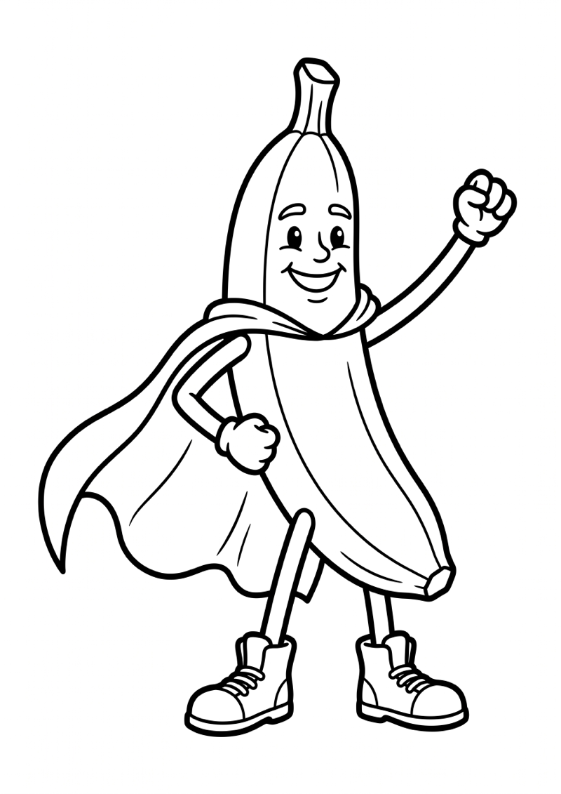 Banaan Superheld met Cape Kleurplaat — gratis kleurplaat printen