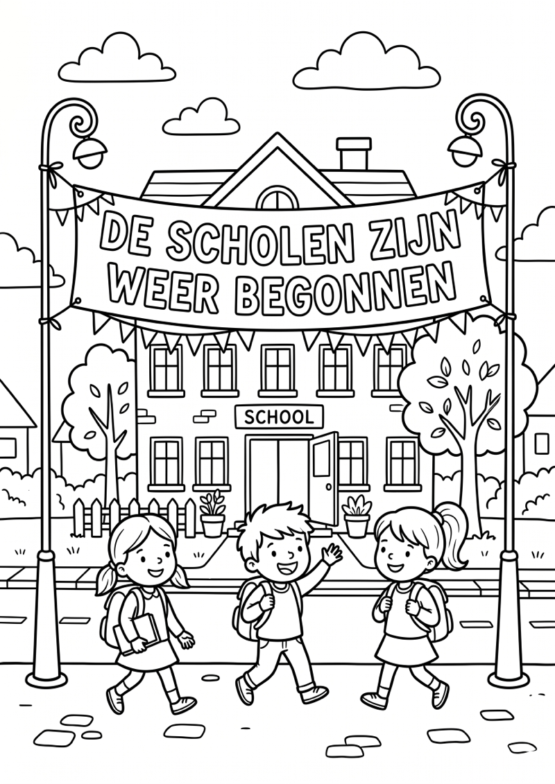 Banner op Straat bij School Kleurplaat — gratis kleurplaat printen