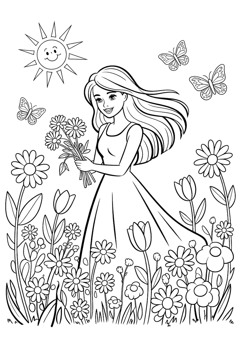 Barbie in de bloemenweide kleurplaat — gratis kleurplaat printen