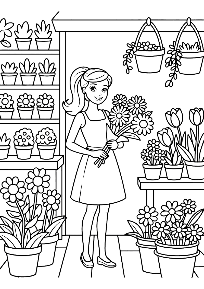 Barbie in de bloemenwinkel kleurplaat