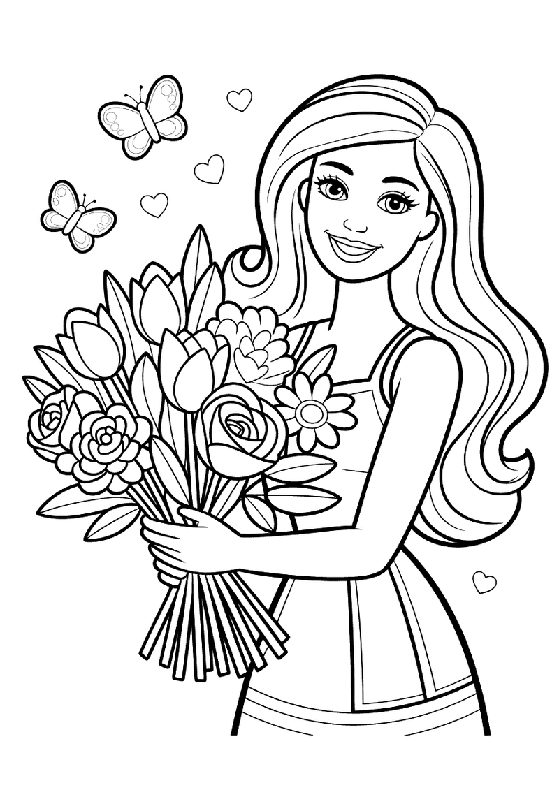 Barbie met een boeket bloemen kleurplaat — gratis kleurplaat