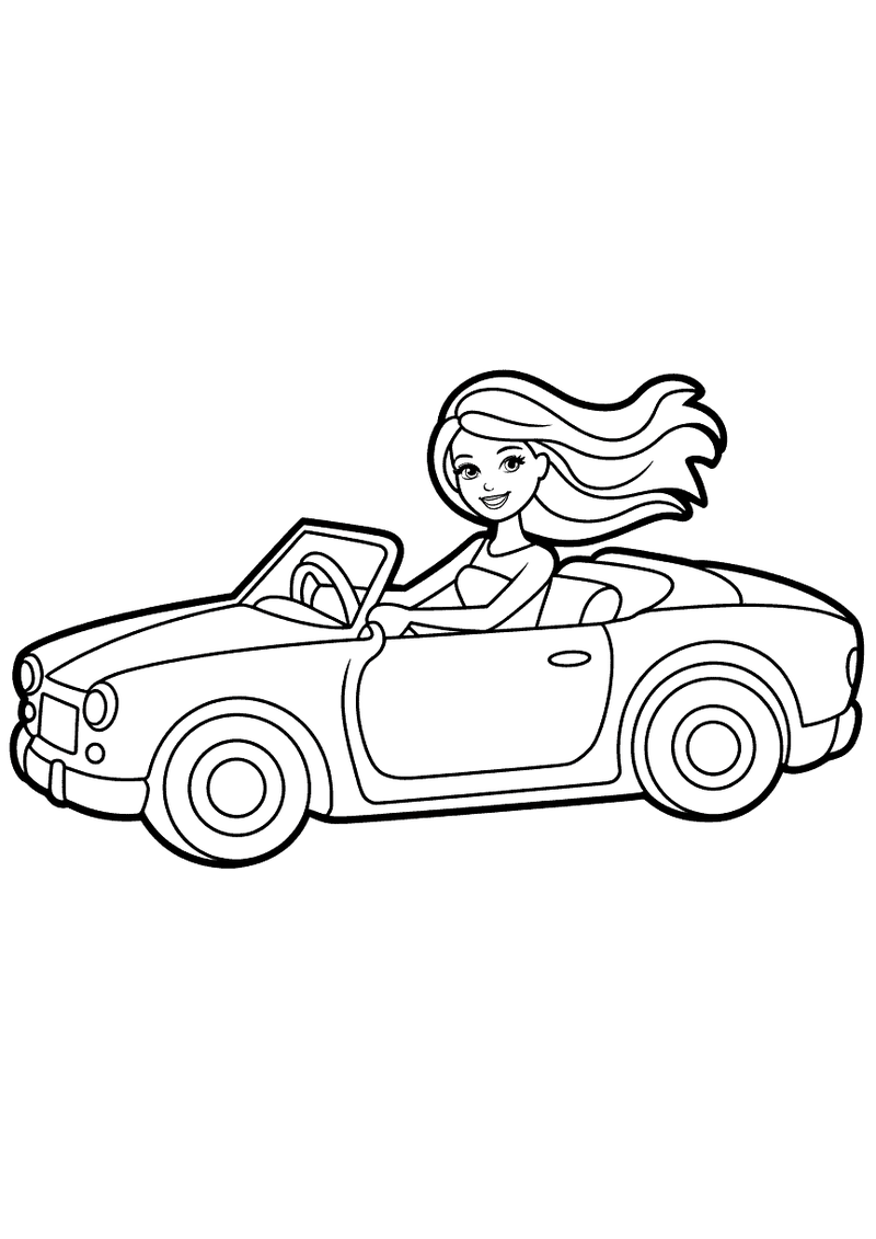 Barbie rijdt in haar cabrio kleurplaat — gratis kleurplaat