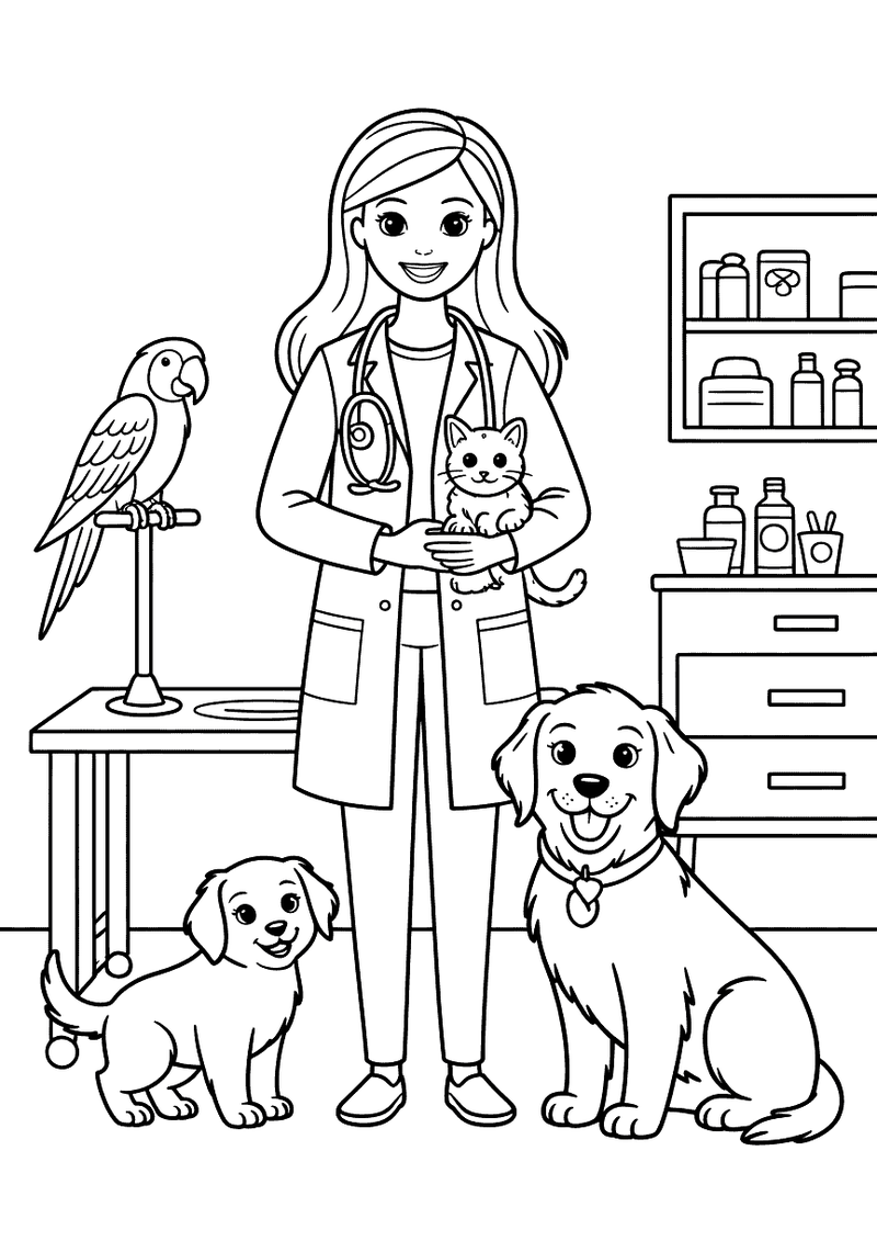 Barbie als dierenarts kleurplaat — gratis kleurplaat