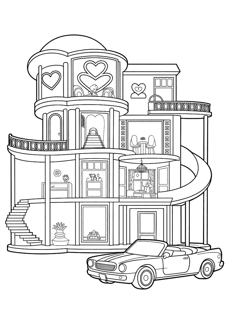 Barbie's droomhuis met auto kleurplaat — gratis kleurplaat