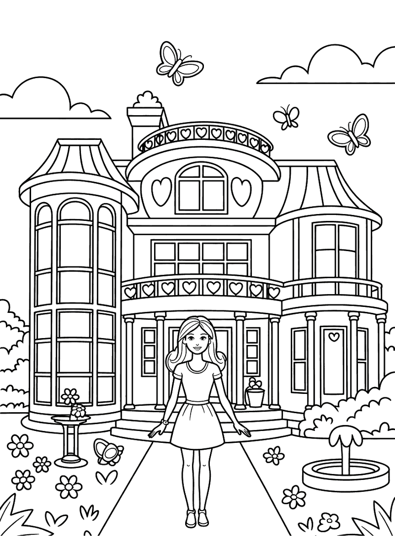 Barbie bij haar droomhuis met tuin kleurplaat — gratis kleurplaat
