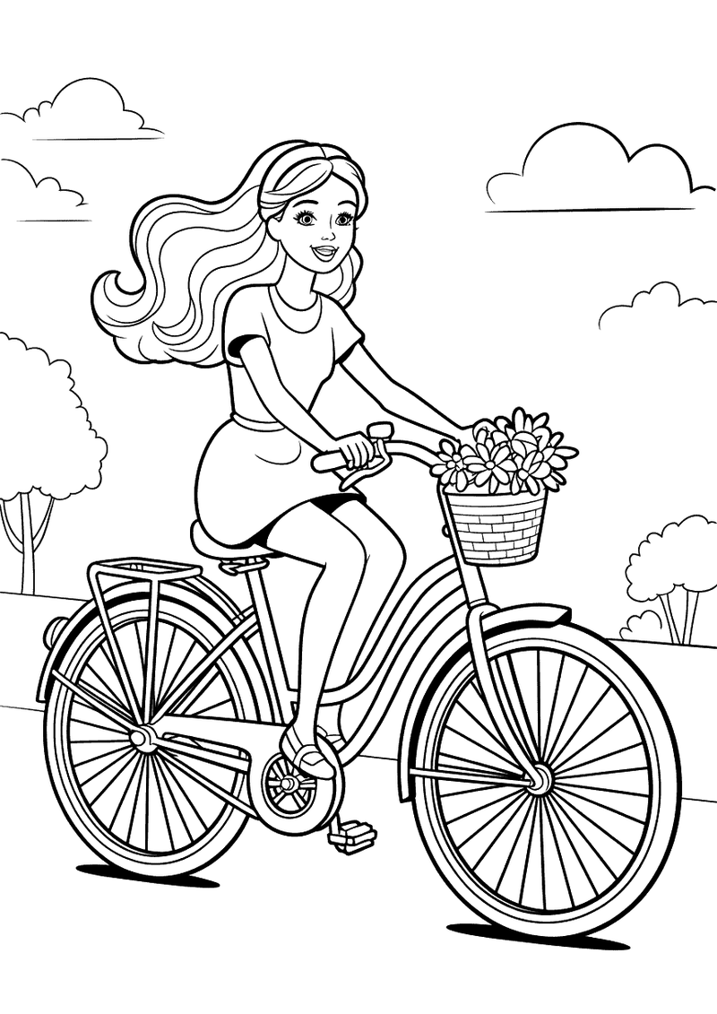 Barbie fietst in het park kleurplaat — gratis kleurplaat