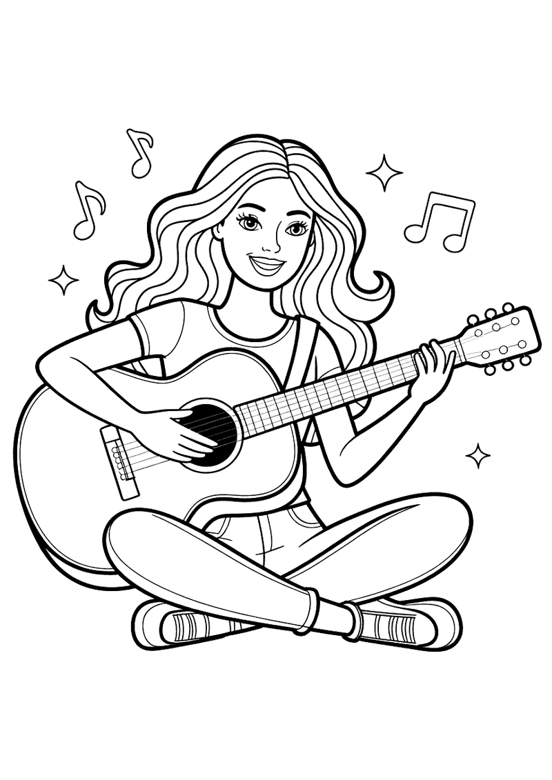 Barbie speelt gitaar kleurplaat — gratis kleurplaat printen