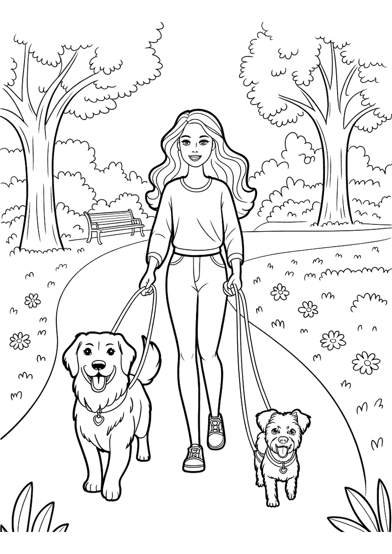 Barbie laat honden uit in het park kleurplaat — gratis kleurplaat printen