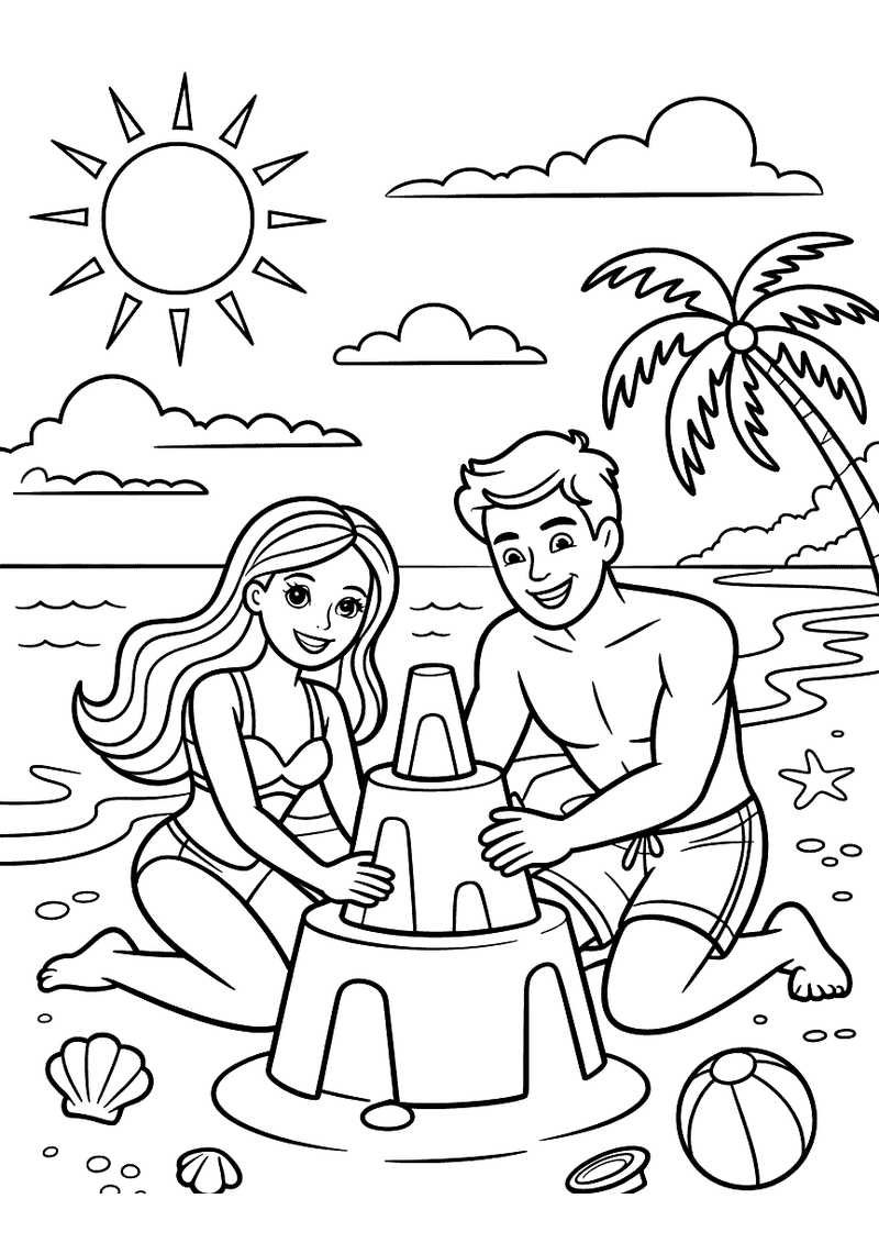 Kleurplaat van Barbie en Ken in badkleding die samen een zandkasteel bouwen op een zonnig strand met palmbomen en zee