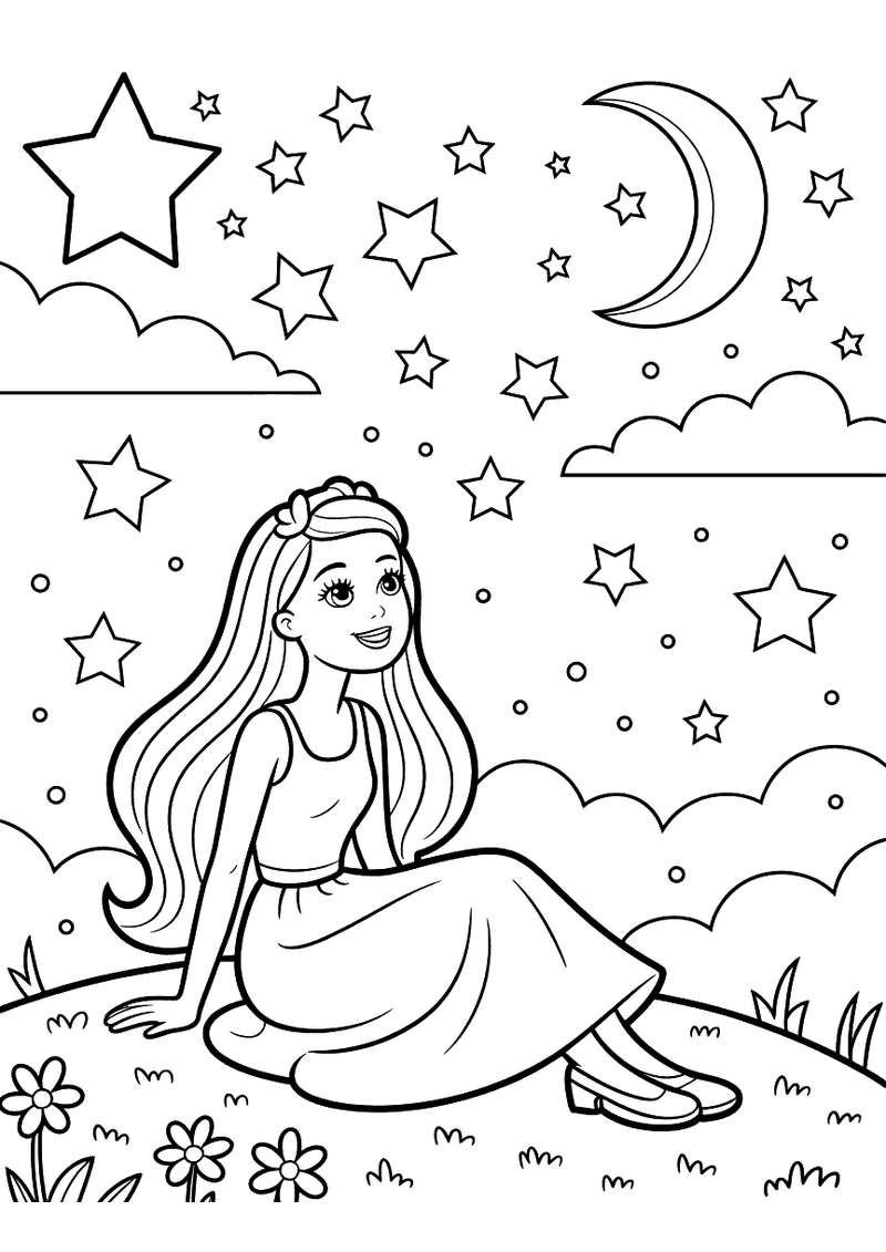 Kleurplaat van Barbie in een jurk die in het gras zit en omhoog kijkt naar een sterrenhemel met een sikkel maan en grote