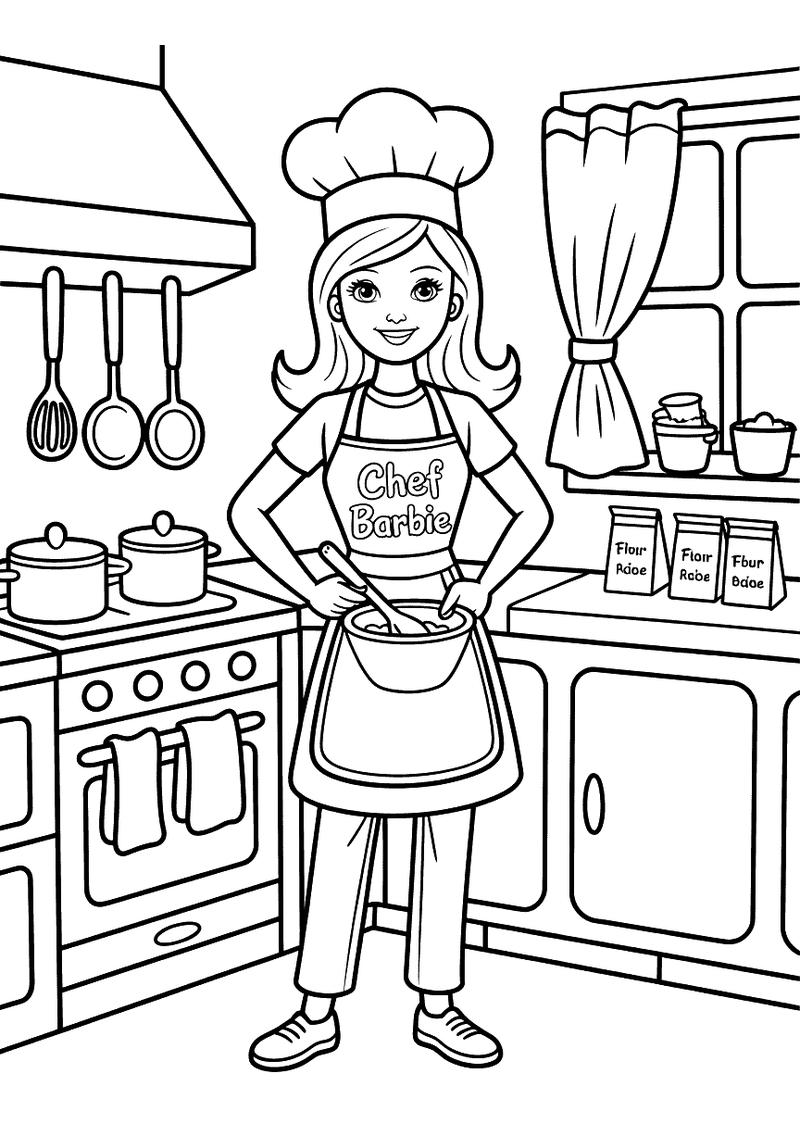 Kleurplaat van Barbie in een koksmuts en schort met "Chef Barbie" erop die in een grote pot roert in een volledig uitger