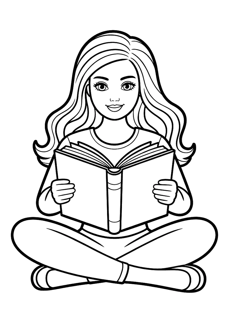 Kleurplaat van Barbie die gekruist op de grond zit en een opengeslagen boek vasthoudt