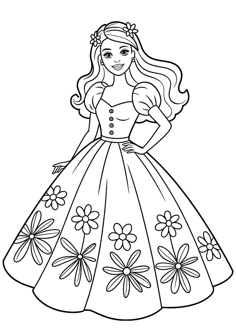 Kleurplaat van Barbie in een wijde lentejurk versierd met grote bloemen en een bloemenkrans in het haar