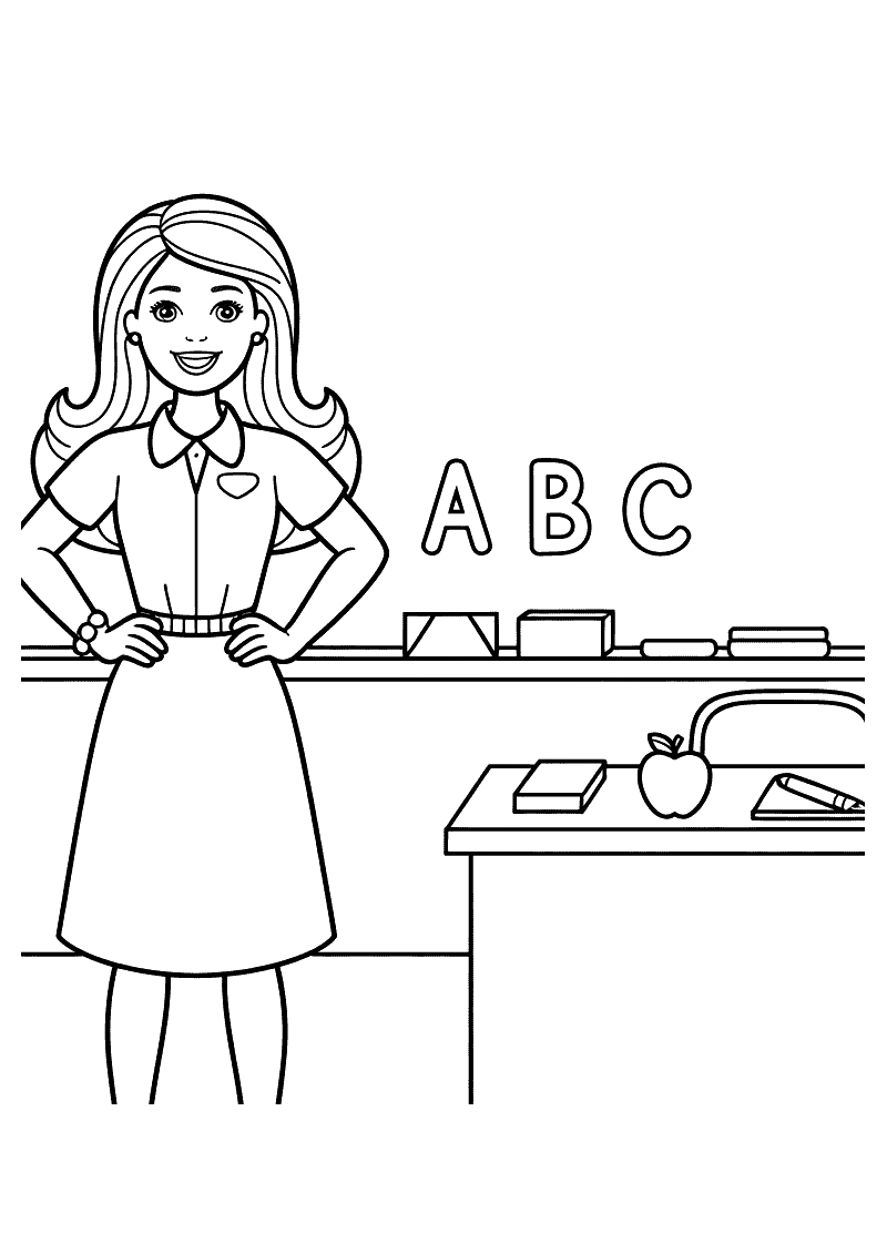 Kleurplaat van Barbie als lerares voor een schoolbord met ABC, naast een bureau met een appel en boeken