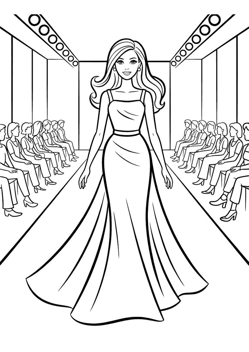 Kleurplaat van Barbie die over de catwalk loopt in een lange jurk terwijl publiek aan weerszijden toekijkt