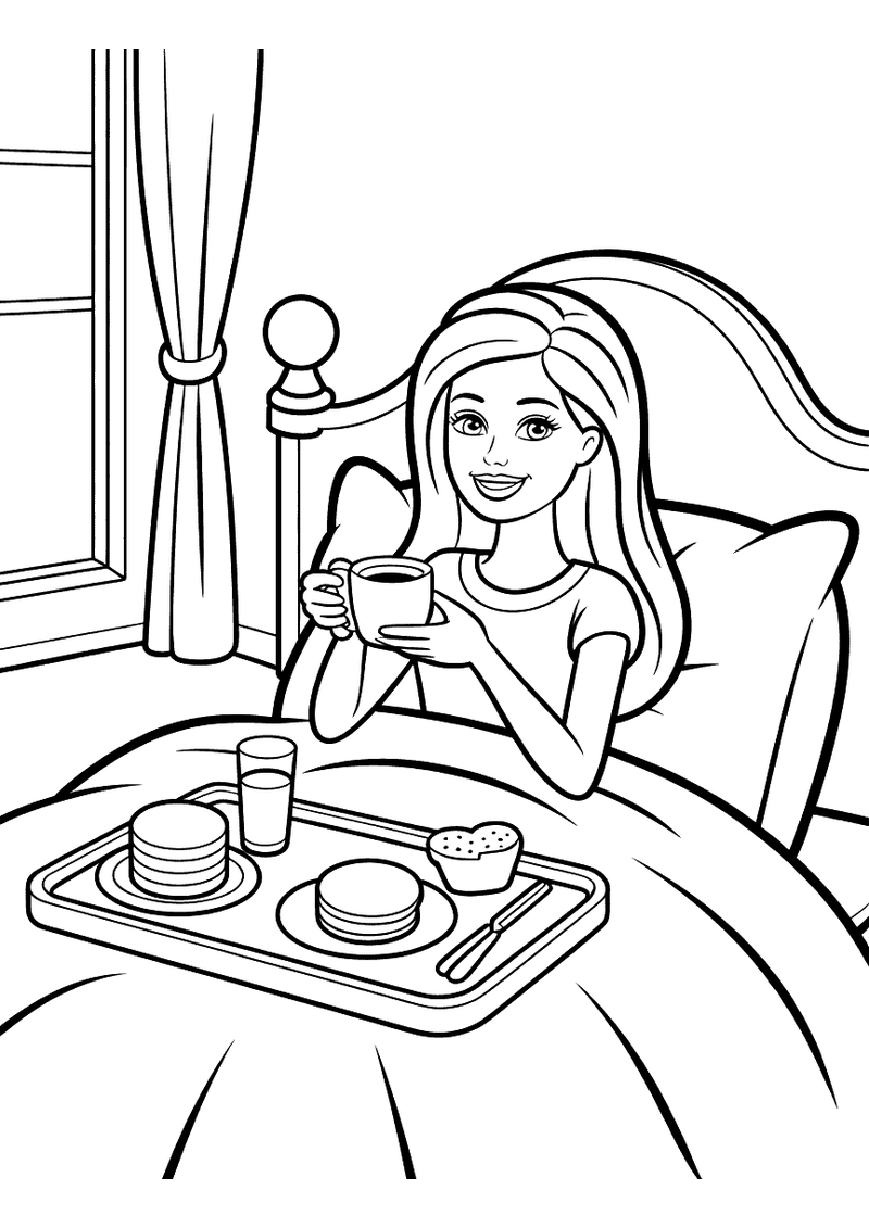 Kleurplaat van Barbie die in bed zit met een dienblad vol ontbijtspullen en een kopje thee vasthoudt