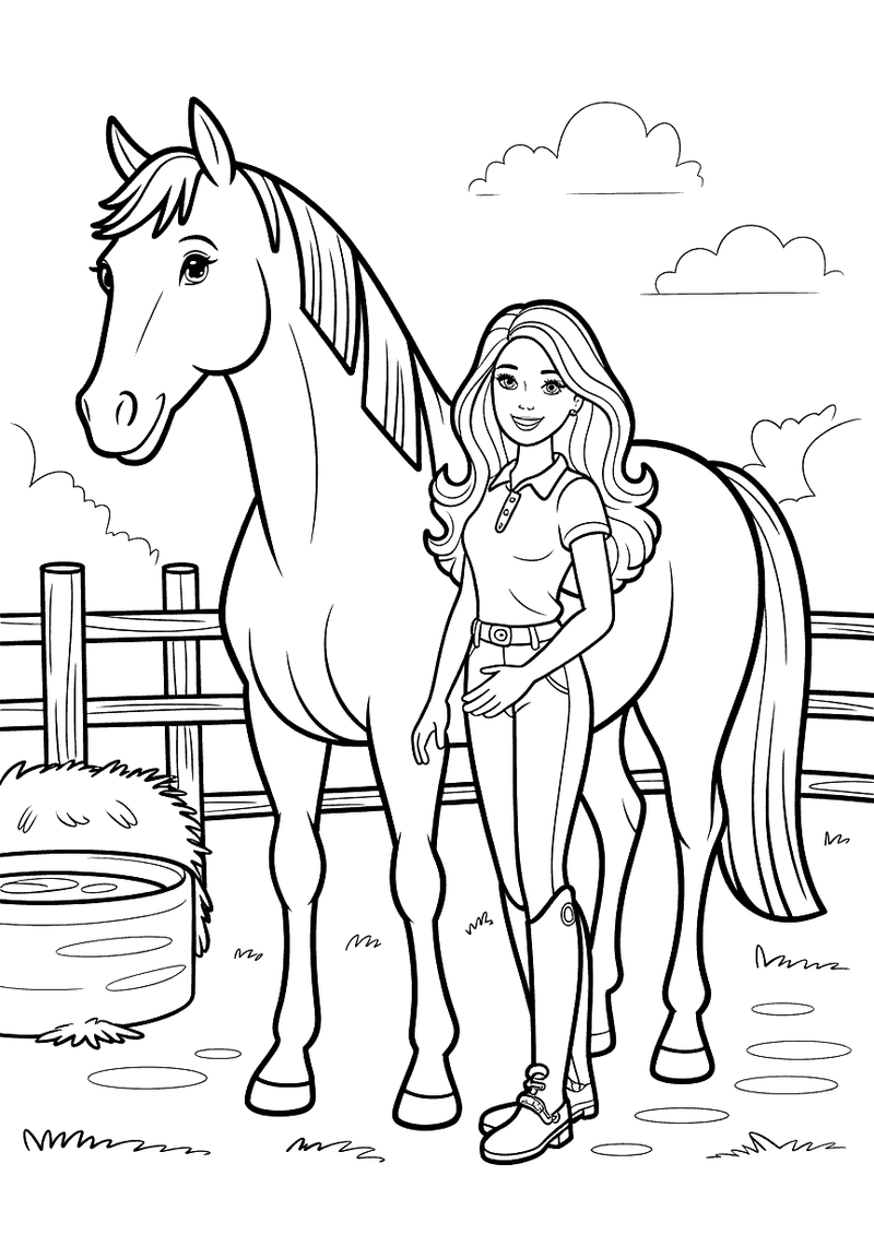 Kleurplaat van Barbie die naast een groot paard staat bij een houten omheining met een wei op de achtergrond