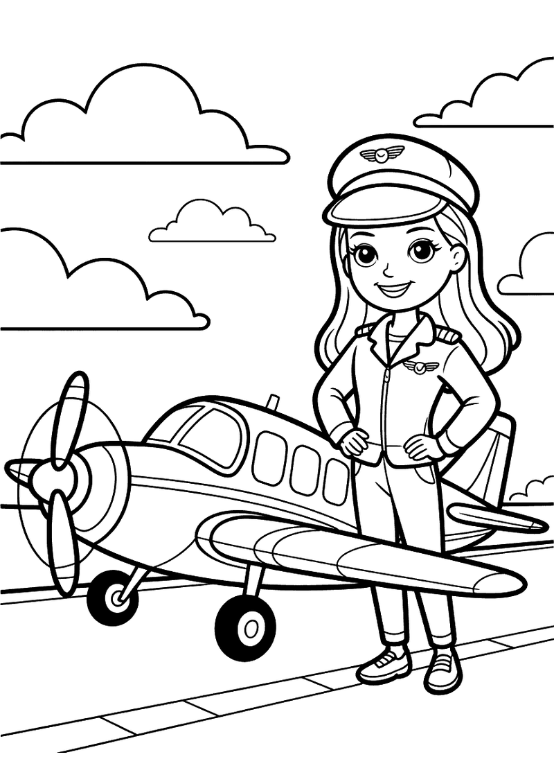 Kleurplaat van Barbie in pilotenpak en pet die naast een propellervliegtuig staat op het vliegveld