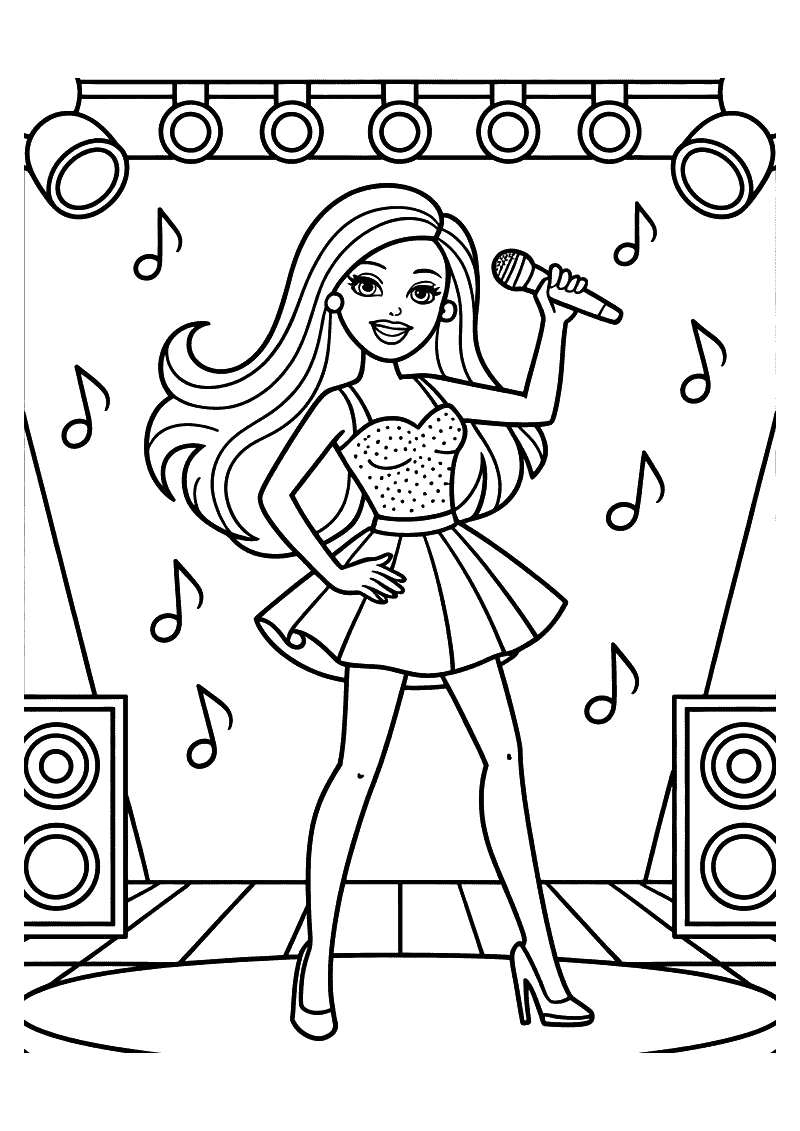 Kleurplaat van Barbie als popster die zingt met een microfoon op een verlicht podium met speakers en muzieknoten