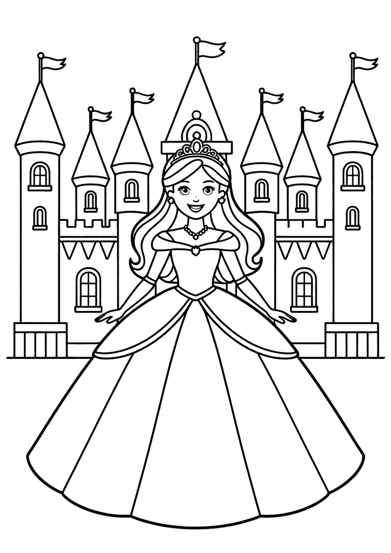 Kleurplaat van Barbie als prinses in een baljurk met kroon die voor een kasteel met torens en vaantjes staat