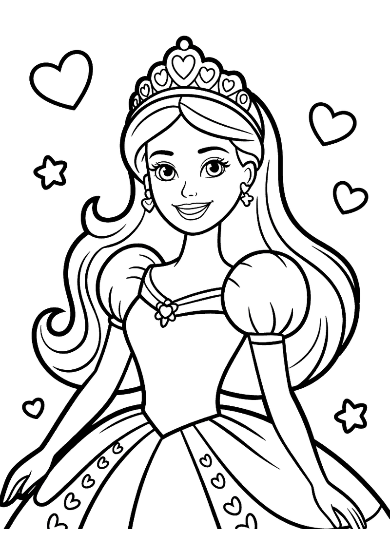 Kleurplaat van Barbie als prinses met een tiara op haar hoofd, omgeven door hartjes en sterren