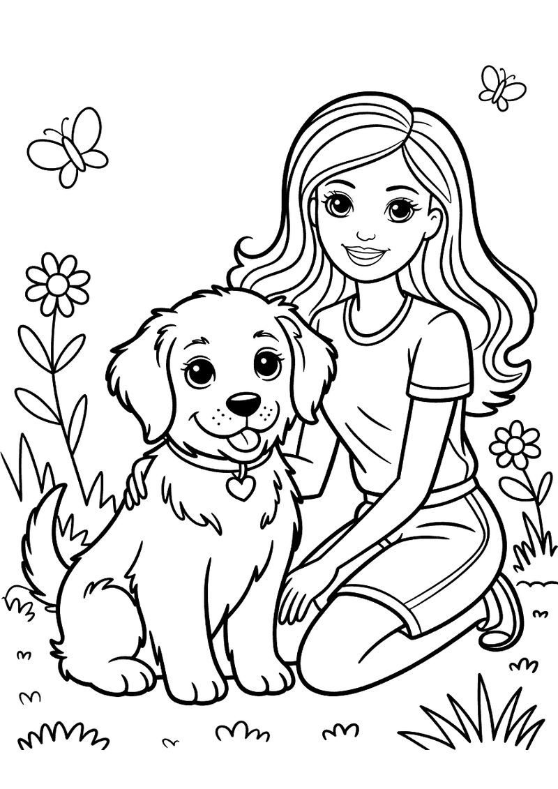 Kleurplaat van Barbie die naast een puppy knielt in een tuin met bloemen en vlinders