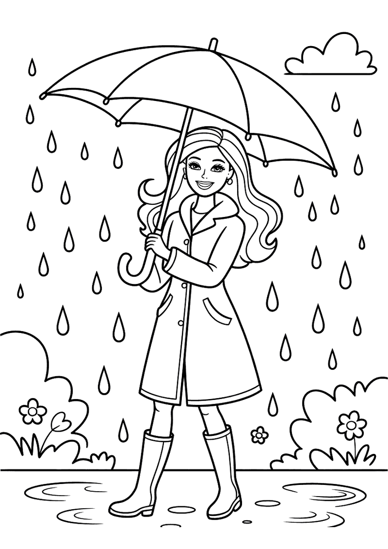 Kleurplaat van Barbie in een regenjas en laarzen met een paraplu terwijl het regent op de achtergrond