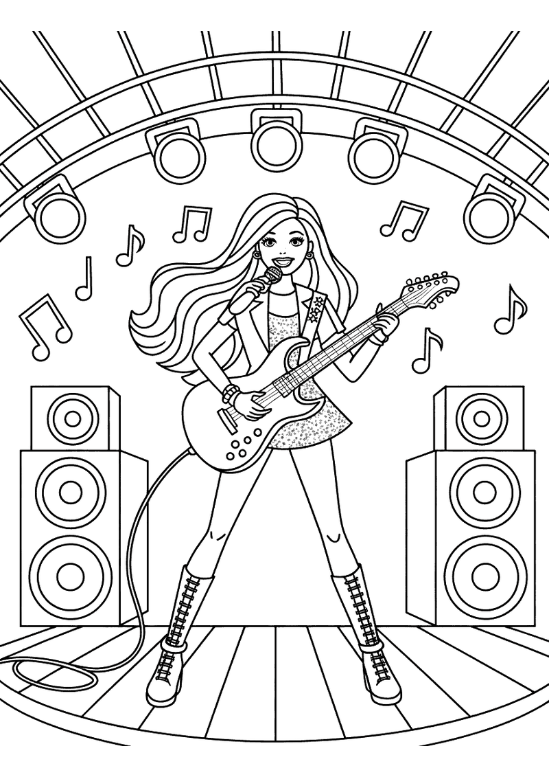 Kleurplaat van Barbie als rockster die een elektrische gitaar bespeelt op een podium met schijnwerpers en speakers