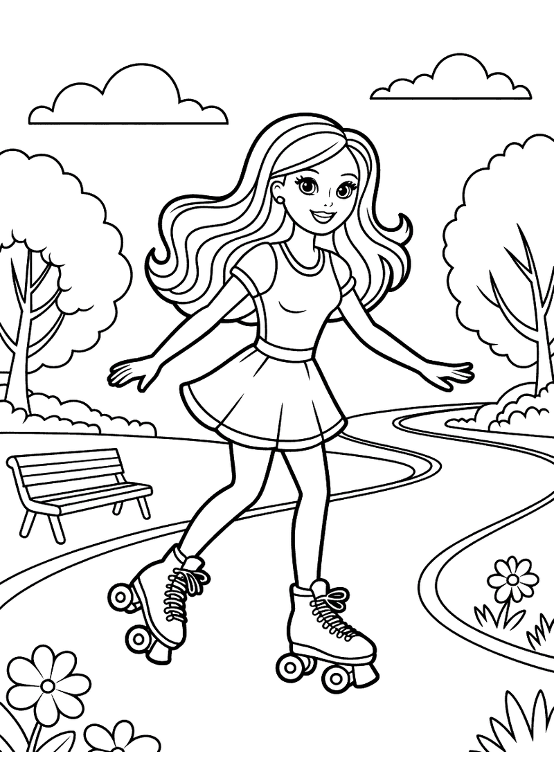 Kleurplaat van Barbie die op rolschaatsen rijdt in een park met bomen, een bankje en bloemen op de achtergrond