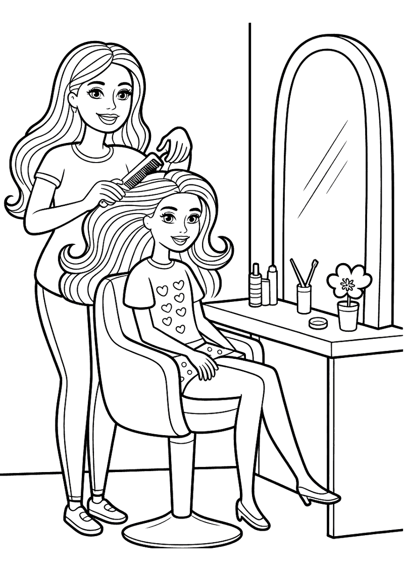 Kleurplaat van Barbie die het haar van een meisje kamt in een kapsalon met een grote spiegel en kappersstoelen