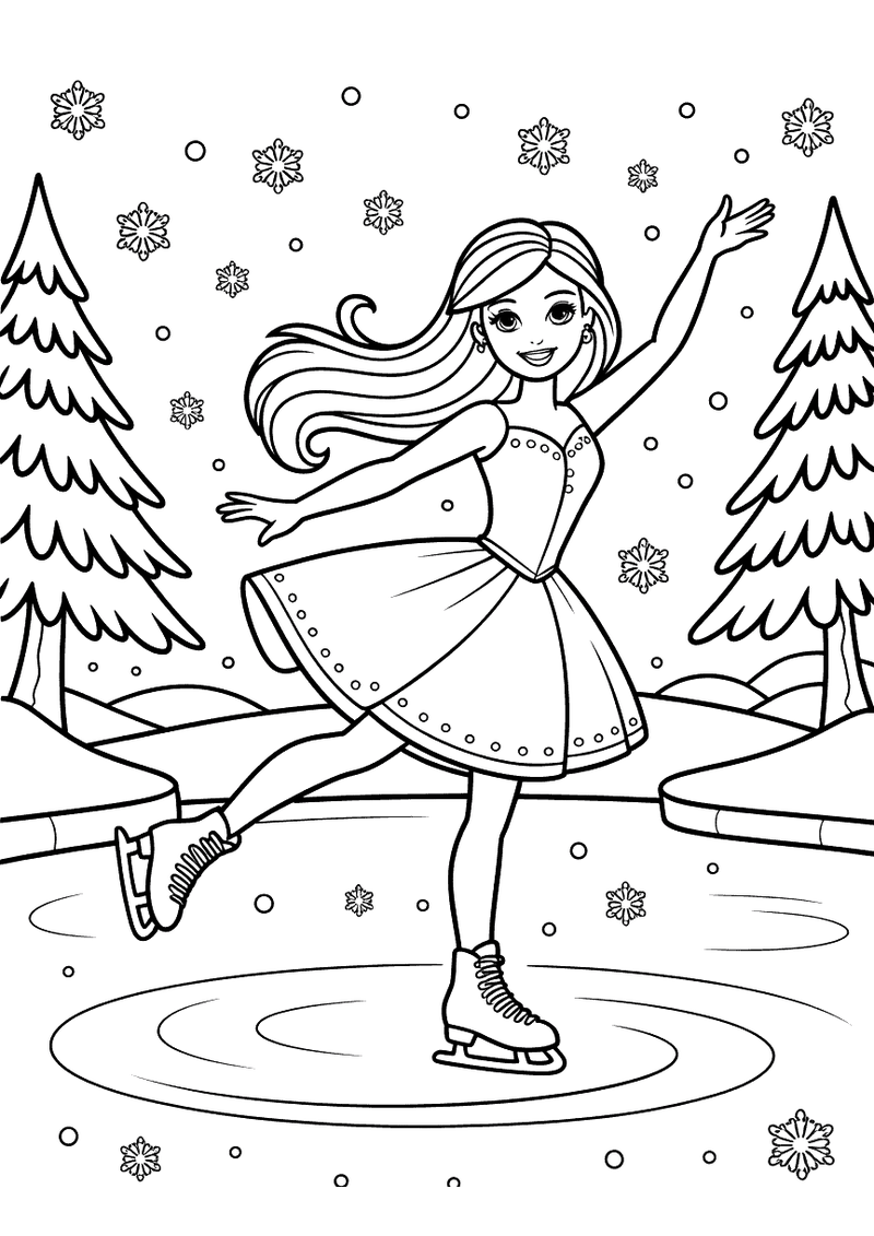 Kleurplaat van Barbie die op schaatsen pirouettes draait op een ijsbaan tussen besneeuwde kerstbomen met sneeuwvlokken