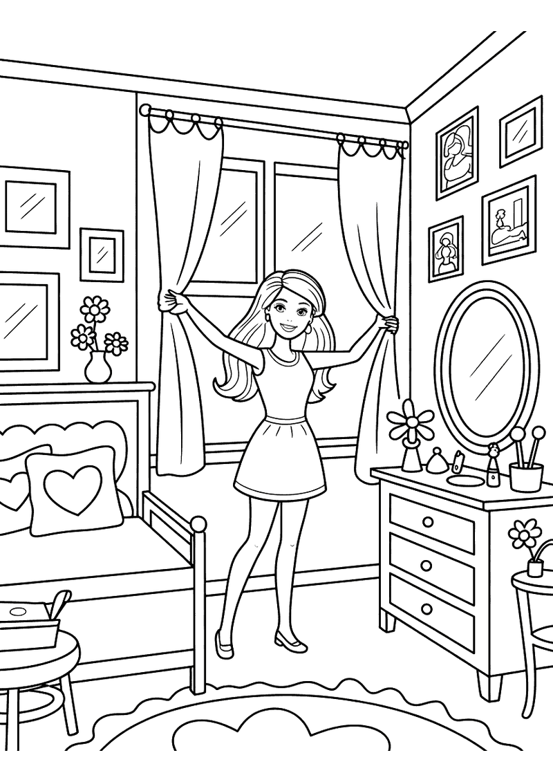 Kleurplaat van Barbie die haar armen uitstrekt in een slaapkamer met een bed, raam, spiegel en ladekast