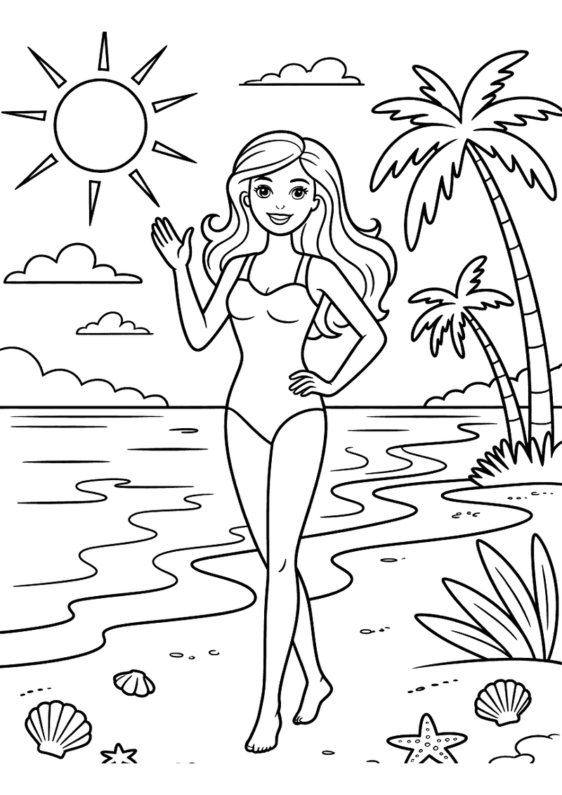 Kleurplaat van Barbie in badpak op een zonnig strand met een palmboom, schelpen en zeesterren in het zand