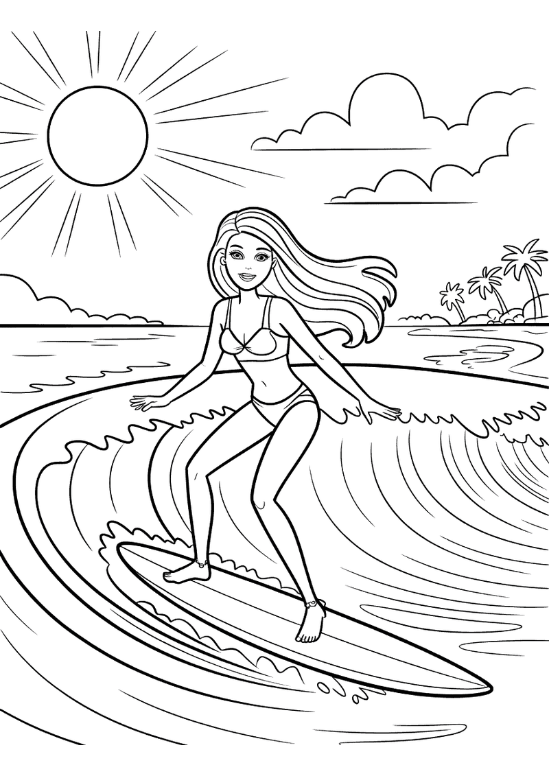 Kleurplaat van Barbie in bikini die op een surfboard rijdt over een grote golf met palmbomen en zon op de achtergrond