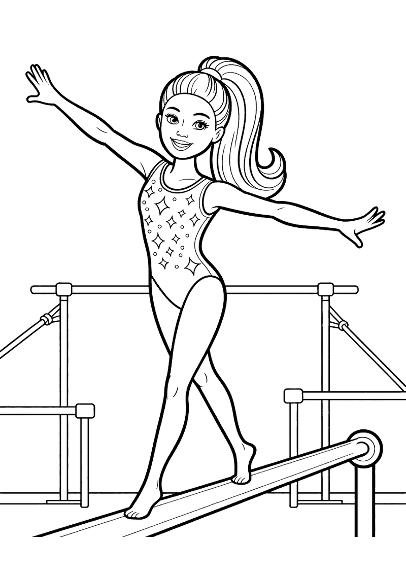 Kleurplaat van Barbie als turner die balanceert op de evenwichtsbalk in een glinsterende turnpak met haar armen gespreid