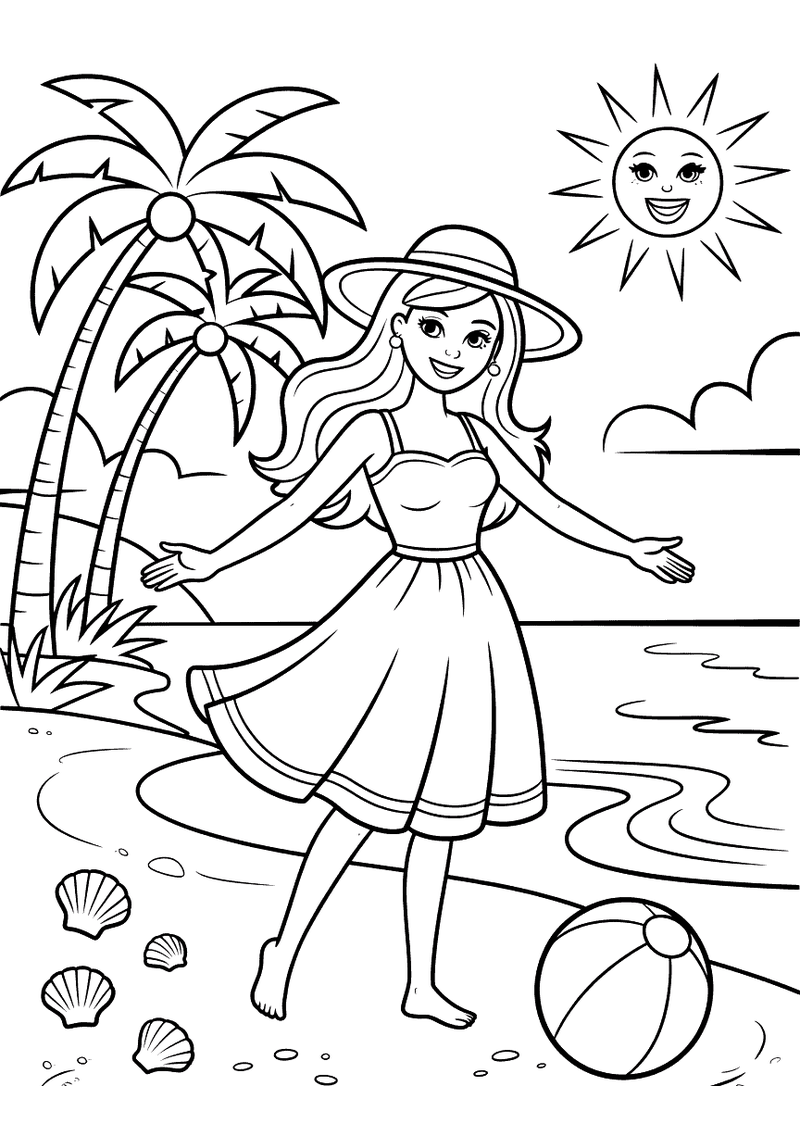 Kleurplaat van Barbie in een zomerjurk en strohoed die danst op het strand met palmbomen en een strandbal