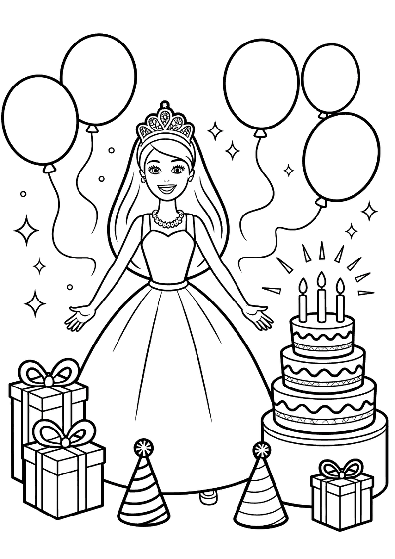 Kleurplaat van Barbie als prinses op haar verjaardag met een grote taart met kaarsen, cadeaus en ballonnen