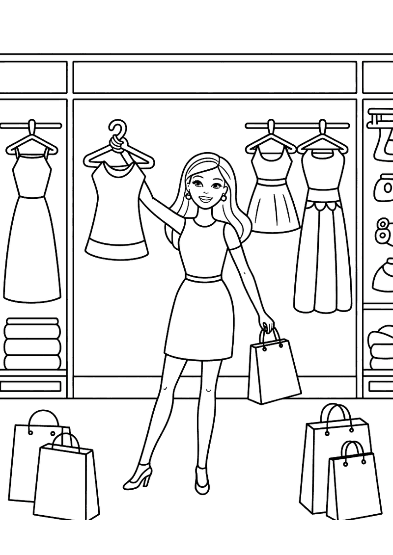 Kleurplaat van Barbie in een kledingwinkel met shoppingtassen, jurken op hangers en rekken vol kleding