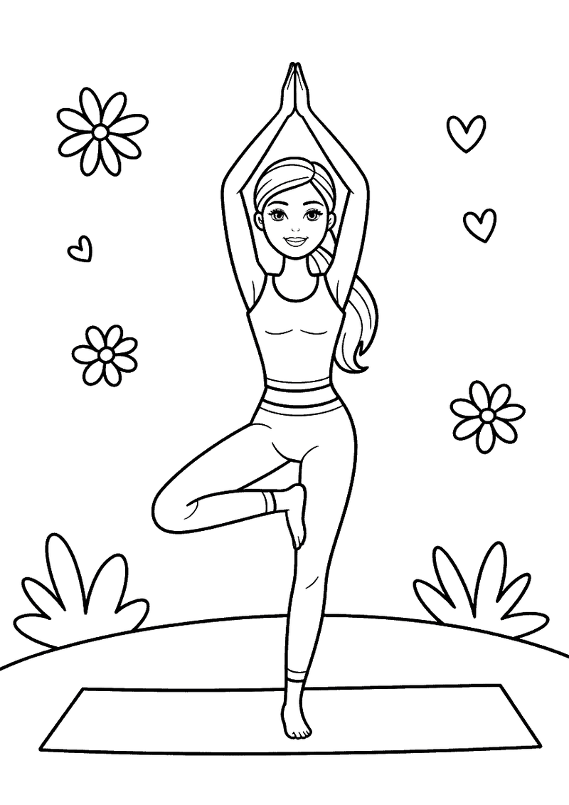 Kleurplaat van Barbie die een boompose doet op een yogamat buiten, omgeven door bloemen en hartjes