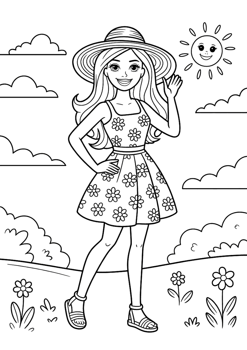Kleurplaat van Barbie in een bloemenjurk met een brede strohoed die buiten poseert met bloemen en een zonnige lucht