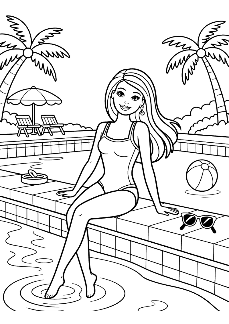 Kleurplaat van Barbie in een badpak die aan de rand van een buitenzwembad zit met haar voeten in het water, palmbomen en